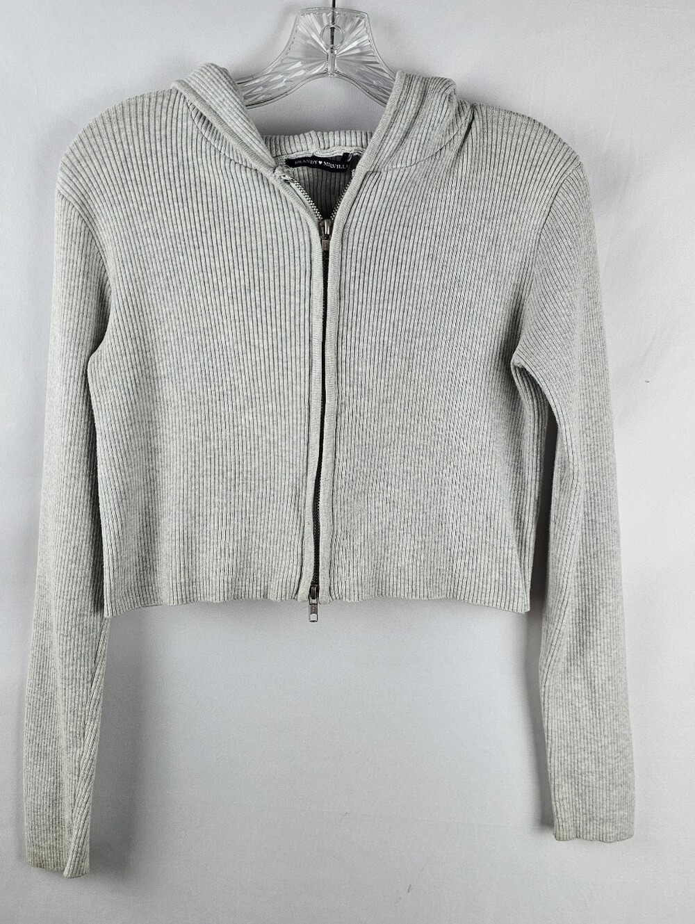 Brandy Melville Arden Ribbed Knit Full Zip Cropped Sweater Hoodie Sm Cozy Casual